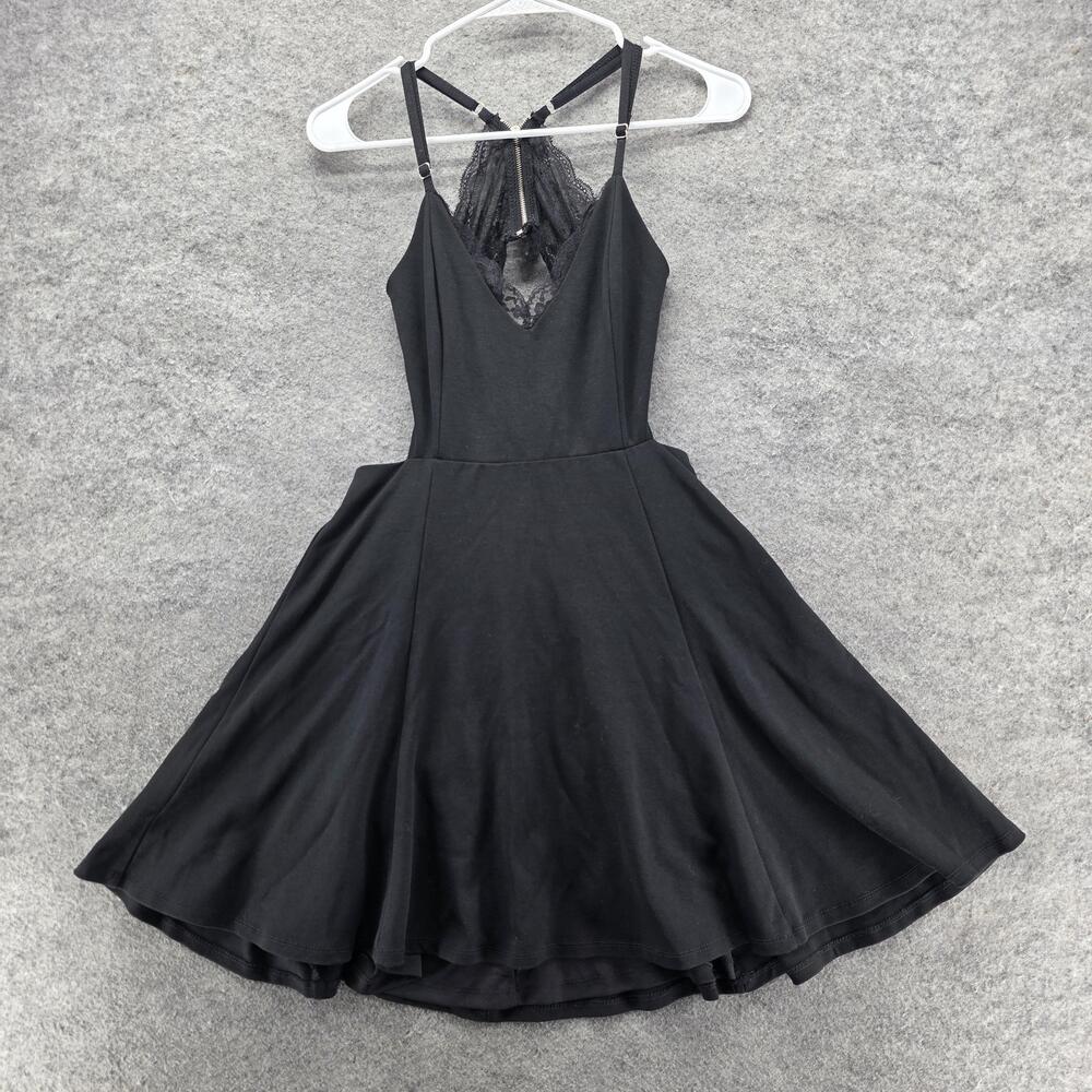 LUSH Dress Womens Medium Black Fit & Flare Skater Strappy Lace V Neck LDA10933